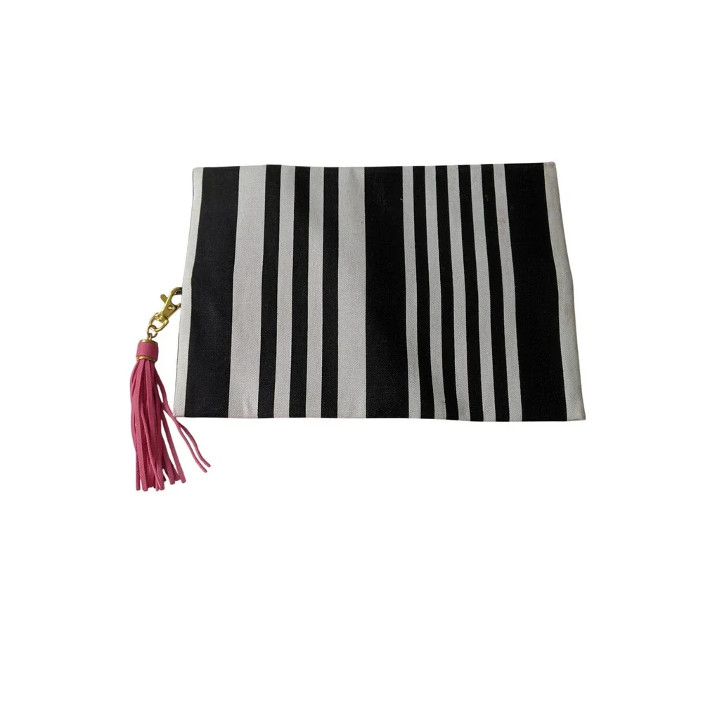 Makeup Junkie Bag Black White Stripe Pink Tassel Cosmetic Pouch Medium Clutch